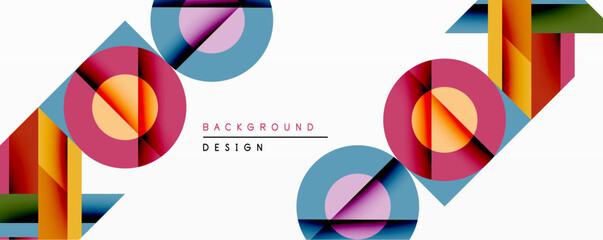 Poster - Abstract geometric composition. Overlapping circles, squares, rectangles create dynamic visual effect. Bright colors, modern design, clean aesthetic. Minimalist style.