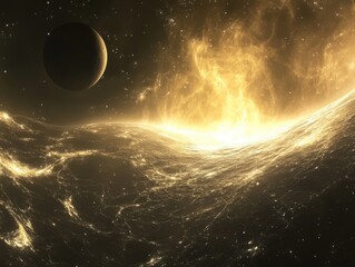 Poster - Golden Exoplanet with Nebula and Distant Moon a Cosmic Landscape