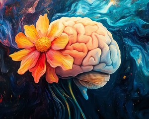 Poster - Generative AIinspired oil painting of a human brain integrated with colorful flowers, artistic neural network concept, warm exposure, soft focus, original digital grain pattern