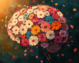 Poster - Generative AIinspired oil painting of a human brain integrated with colorful flowers, artistic neural network concept, warm exposure, soft focus, original digital grain pattern
