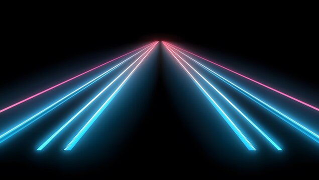 A neon light path on a black background, with glowing lines in motion blur leading to the horizon. An abstract, futuristic technology or speed