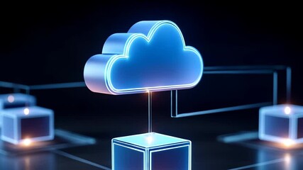 Poster - Blue glowing cloud icon connected to digital cubes representing cloud computing, data network technology, and glowing connection in digital technology