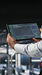 Poster - Vertical video Close up of data center programmer looking at code debugging tools running on tablet. Server farm IT professional checking machine learning script automating tasks, camera A