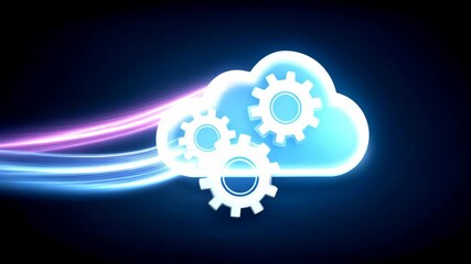 Poster - Cloud computing concept with glowing blue cloud and gear icons, symbolizing digital technology and innovation in dynamic computing flow