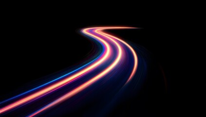 Fototapete - A neon light path on a black background, with purple glowing lines in motion blur leading to the horizon. An abstract, futuristic technology or speed