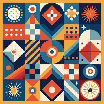 Geometric pattern vector background with Scandinavian abstract color or Swiss geometry prints of rectangles, squares and circles shape design