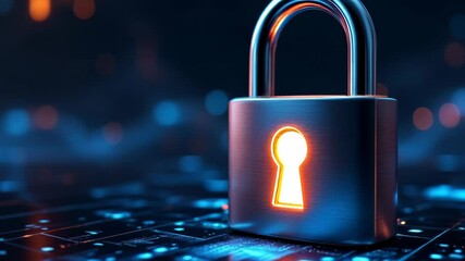 Poster - Close up of metallic padlock with glowing keyhole digital keyboard symbolizing cybersecurity data protection and digital security concept circuit