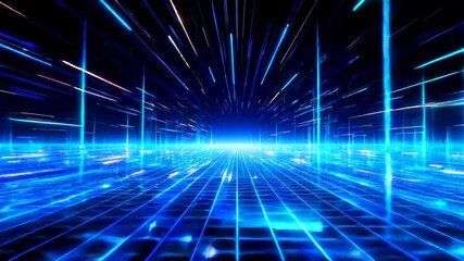 Poster - Futuristic digital grid with glowing blue light streaks and lines creating dynamic technology background full of energy and motion