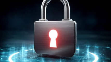 Poster - Cybersecurity concept with glowing padlock and digital technology symbolizing data protection, secure access, and advanced security lock systems