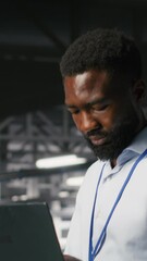 Poster - vertical video smiling technician and colleague in data center reviewing large language model visual