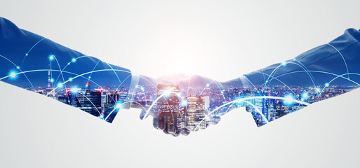 Poster - Collage of business people shaking hands and communication network. Wide angle visual for banners or advertisements.
