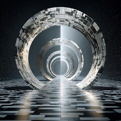 Poster - Abstract Metallic Rings and Checkerboard Floor