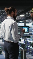 Poster - Vertical video Army technicians in command center server room using artificial intelligence to detect cyber threats. Military data center experts use AI detection software to secure defense systems