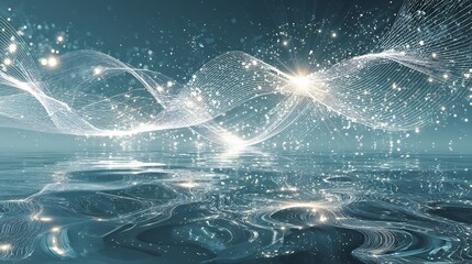 Poster - Abstract Light Waves and Sparkling Particles Reflecting on Water