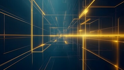 Fototapete - Abstract background with digital technology, blue and gold color theme, dark gradient background, with glowing light boxes on the right side of the screen,