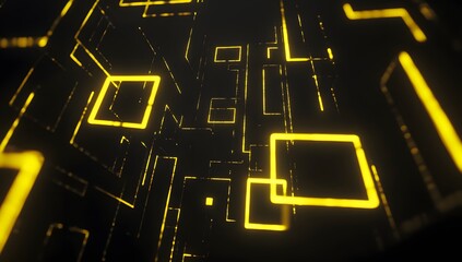 Fototapete - Abstract black background with yellow glowing lines forming squares and circles in the shape of an illuminated tunnel or corridor for dynamic 