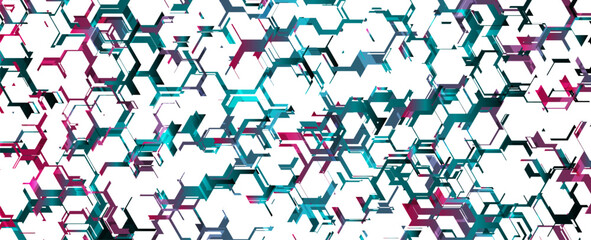 Fototapete - Bright blue purple white abstract tech hexagonal geometric background. Glitch honeycomb vector pattern design