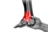 Painful ankle joint.  Hand touching the affected area