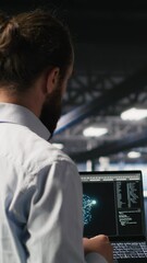 Poster - Vertical video Military units overseeing AI computing operations on notebook in high tech server facility. Army tech experts using machine learning intelligence to oversee communication systems
