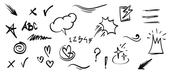 Poster - Hand drawn set of doodle design elements. Crown, arrow, curly swishes, bubble speech, star, hearts. used for infographic concept design