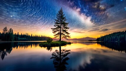 Wall Mural - Tranquil lake reflects a lone tree under a mesmerizing star trail sky at sunset