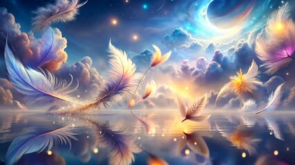 Wall Mural - Floating Feathers Reflecting in a Tranquil Lake under a Vibrant Sunset Sky