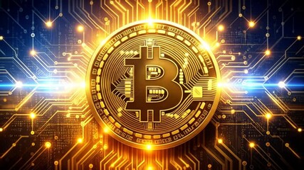 Poster - Golden Bitcoin Coin On Circuit Board Background