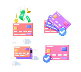 Poster - 3d illustration set of credit cards, money falling into card, multiple cards, card with check mark, and card transaction in clouds for banking concepts.
