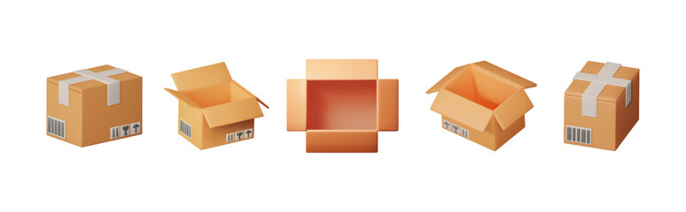 Poster - Set of 3d rendering cargo boxes with various angles. Shipping box illustration for delivery service and online store banner.
