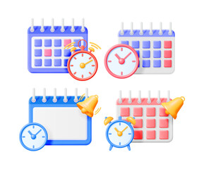 Poster - 3d vector illustration set of appointment calendar with various clocks and bells. Schedule, time management concept.