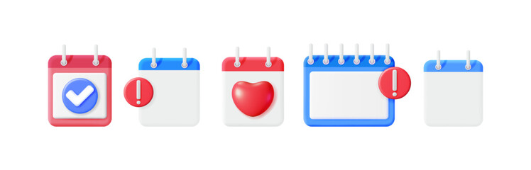 Aufkleber - 3d vector calendar icon set with check mark, heart, and exclamation notification for event and date schedule concept.