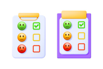 Poster - Two customer satisfaction survey clipboards with emoticons and checkboxes. Business client feedback and ranking service concept.