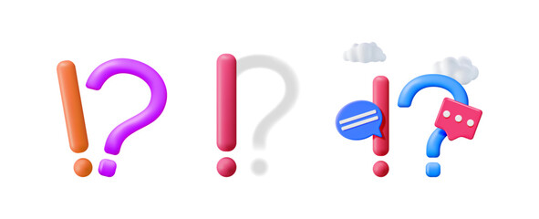 Poster - Colorful 3d question and exclamation marks in three different combinations. Problem and solution concept, with clouds speech bubbles.
