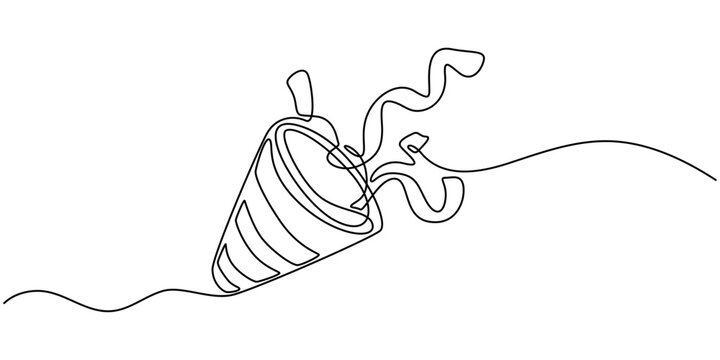 Party popper in continuous line drawing. Celebration-themed illustration on a white background, Party popper one line with ribbon and confetti.Congratulate and celebrate elements.Confetti logo.