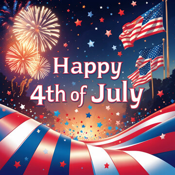 A lively scene with red, white, and blue decorations mixing classic and modern styles,