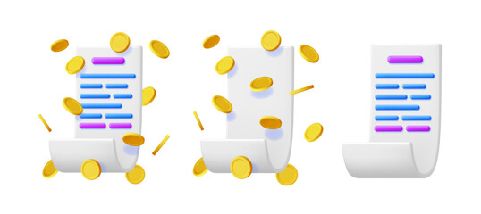 Poster - White paper bill or invoice with falling golden coins. Financial transaction concept. Receipt or checklist for business account. Payment for shopping.