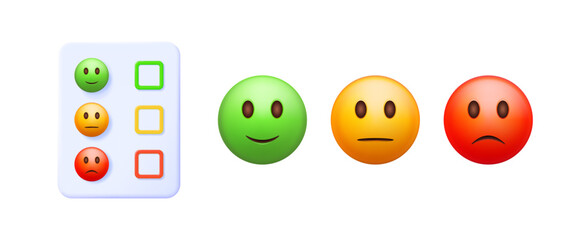 Poster - 3d vector rating scale with checkboxes and emoticons. Customer feedback review system from happy to sad. User experience survey concept.