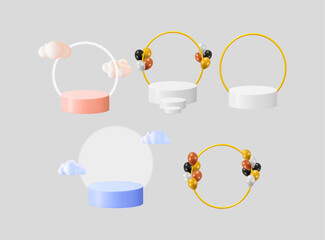 Poster - A set of 3d product podiums with clouds and balloons, perfect for product display, promotion, and e-commerce web design.