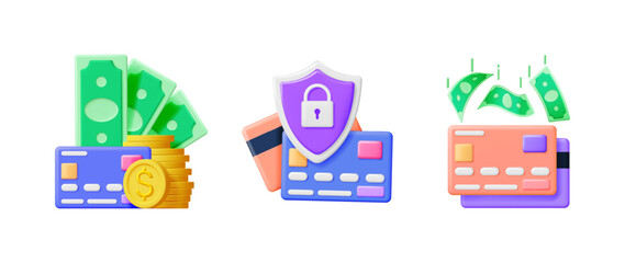 Poster - Money and credit card assets 3d icon set. Online payment and financial security concept. Digital transaction and banking illustration.