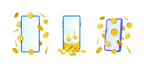 Poster - Set of 3d vector illustrations of smartphone with falling gold coins. Mobile money earning or payment concept for online banking application.