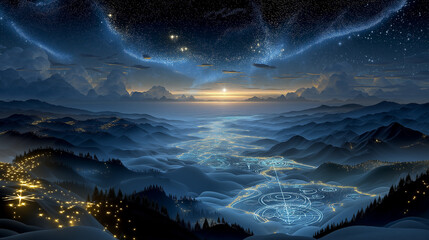Night Sky Over Mountain: A celestial masterpiece with the night sky in shades of blue and the ground covered in a soft layer of snow.