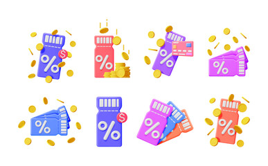 Poster - Set of 3D coupons with percent symbols and falling gold coins. Discount voucher concept for promotions and shopping. Vector illustration.