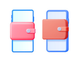 Poster - Pink wallet with money and smartphone. Digital wallet app for online payment and financial management. Mobile banking concept.