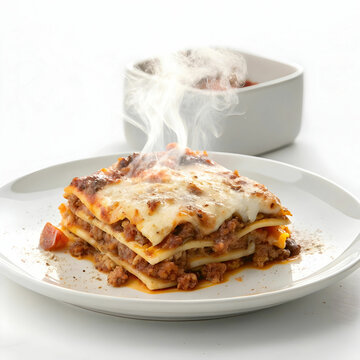 A hearty plate of lasagna, isolated on a white background, showcasing rich layers of pasta, meat, sauce,