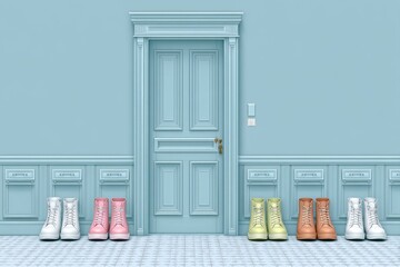 Poster - Pixel art row of closed-toe shoes in a retro video game wardrobe scene