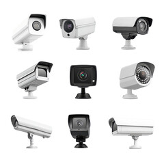 Poster - Security cameras arranged in different angles against a Transparent background for surveillance technology showcase, Security Cameras in Different Angles on PNG background