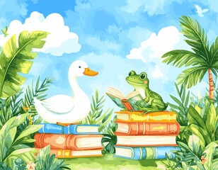 Naklejka na meble Frog and Duck Reading Books on a Stack of Colorful Books with Palm Trees, Fun Animal Illustration , watercolor illustration