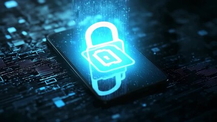 Leinwandbilder - A digital lock icon glows on a smartphone screen surrounded by virtual data streams, symbolizing cybersecurity.