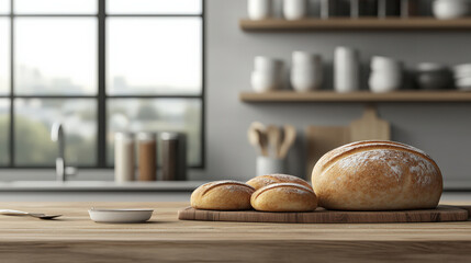 Poster - Freshly baked bread sits on wooden board in modern kitchen with smart appliances, creating warm and inviting atmosphere. background features shelves with kitchenware