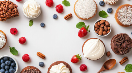 Poster - Assortment of colorful desserts and fresh fruits, including cupcakes with various frostings, berries, and nuts, are artfully arranged on white background, creating vibrant and inviting scene